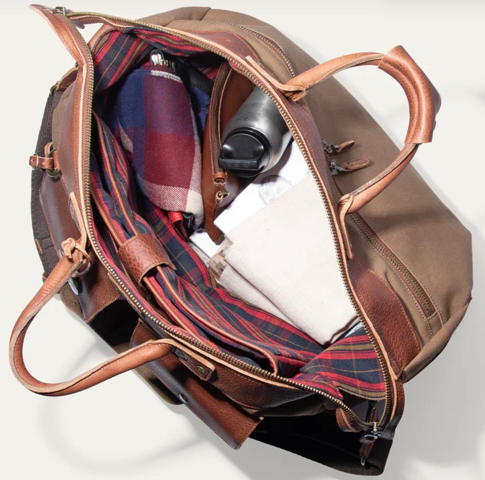 Canvas and leather travel duffel