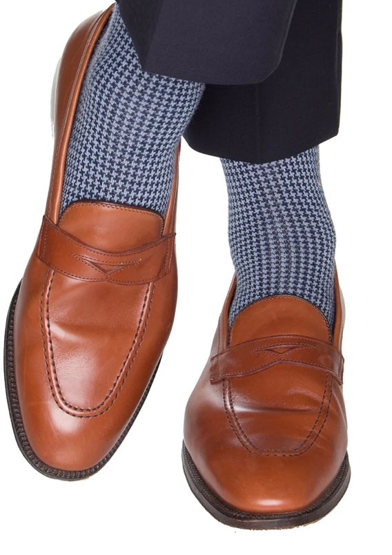 Dapper classics merino wool navy and sky blue houndstooth socks.