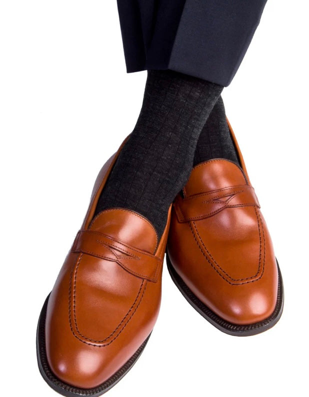 Dapper classics charcoal solid ribbed merino wool sock.